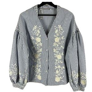 Zara Trafaluc Blue/White Stripe Ivory Floral Embroidered Ballon Sleeve Top